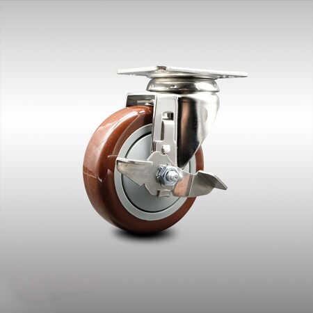 Service Caster 4 Inch 316SS Maroon Polyurethane Wheel Swivel Top Plate Caster with Brake SCC SCC-SS31620S414-PPUB-MRN-TLB